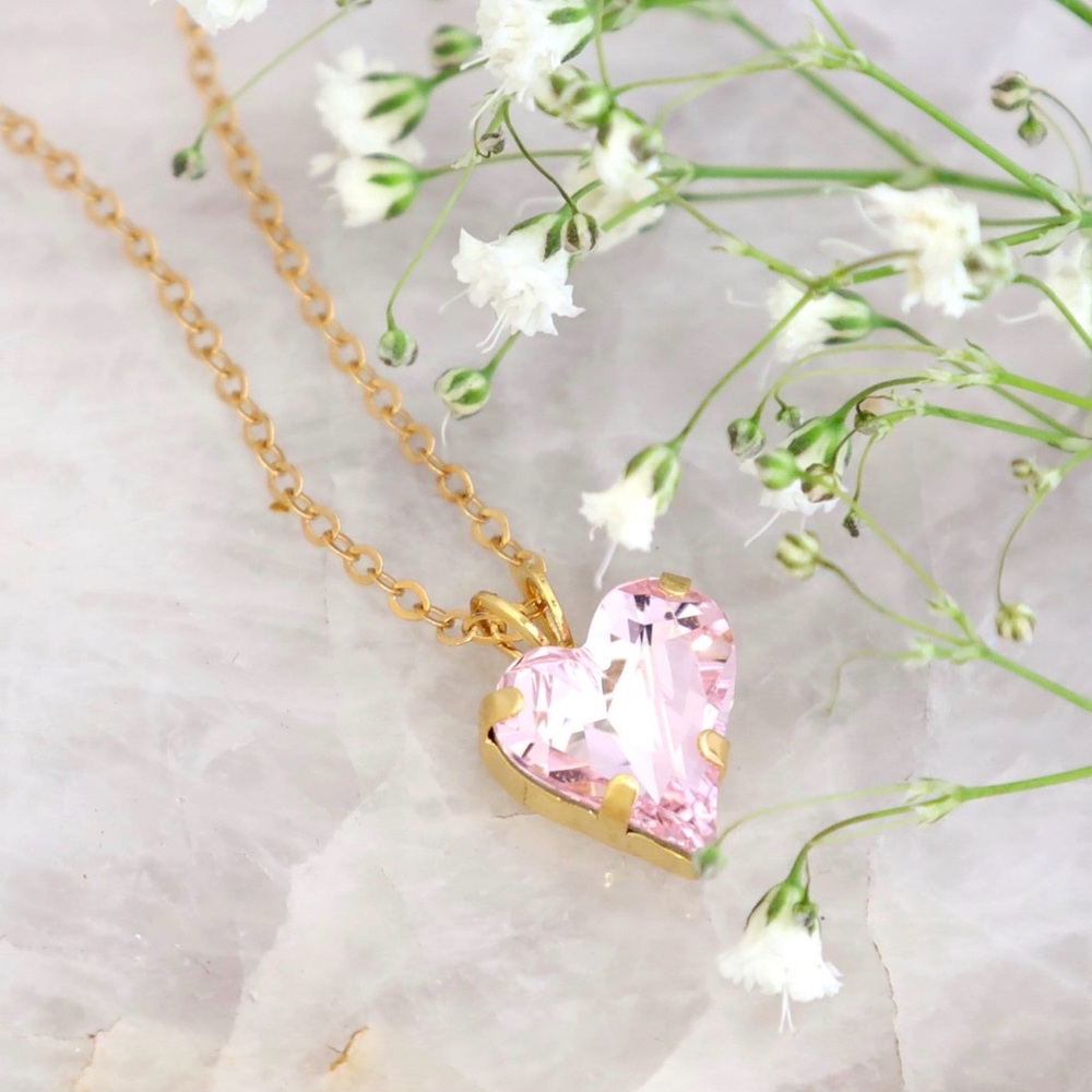 Etsy Pink Heart Pendant Necklace Austrian Crystal 18” Gold Plated